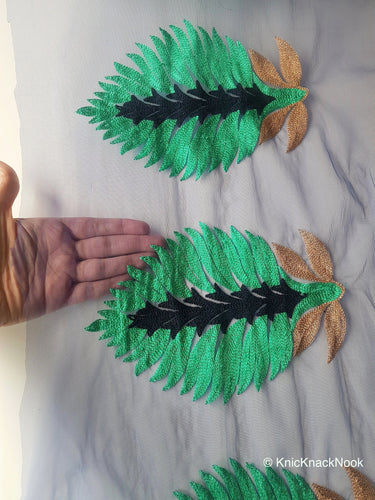 Wholesale Blue Soft Net Lace Trim With Blue, Green And Gold Embroidered Leaves, Indian Trims